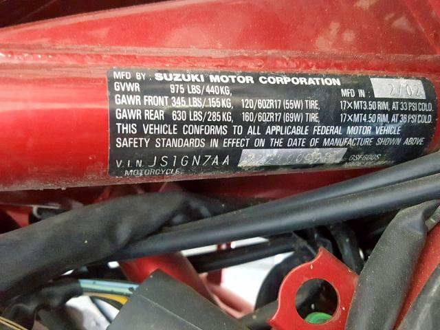 JS1GN7AA322100997 - 2002 SUZUKI GSF600 S RED photo 10