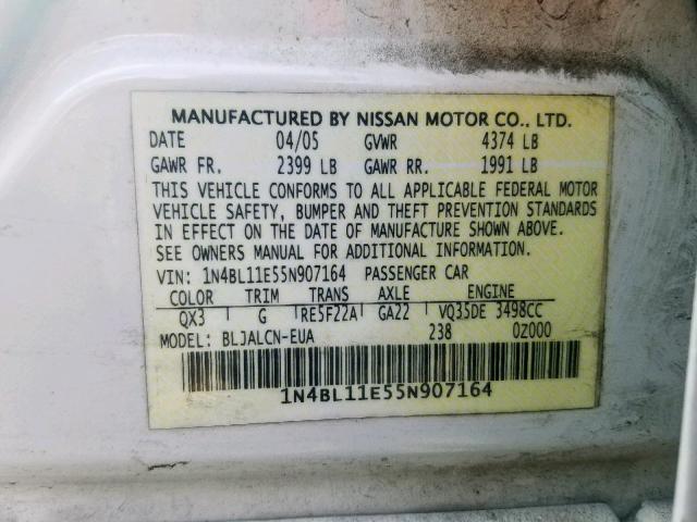 1N4BL11E55N907164 - 2005 NISSAN ALTIMA SE WHITE photo 10