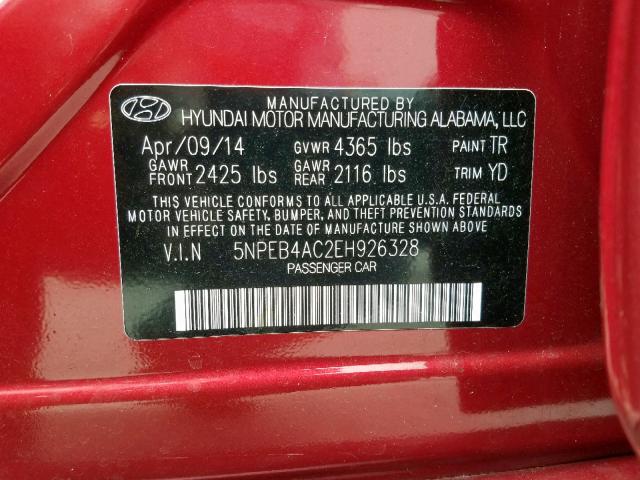 5NPEB4AC2EH926328 - 2014 HYUNDAI SONATA GLS RED photo 10