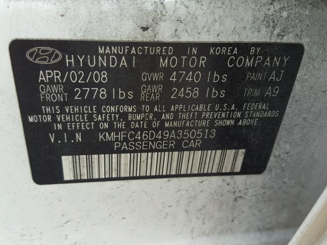 KMHFC46D49A350513 - 2009 HYUNDAI AZERA GLS WHITE photo 10