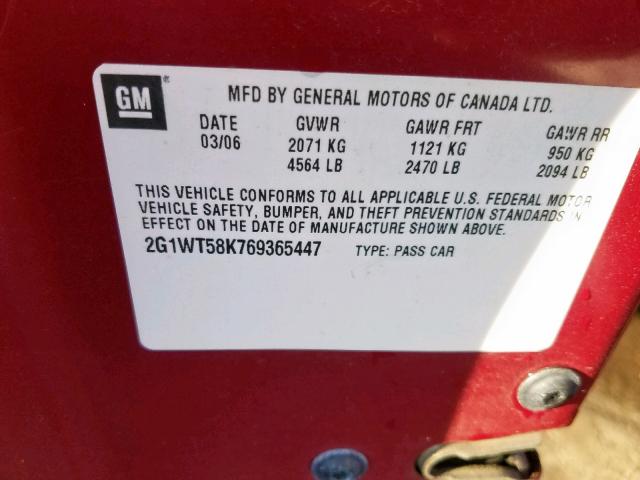 2G1WT58K769365447 - 2006 CHEVROLET IMPALA LT RED photo 10