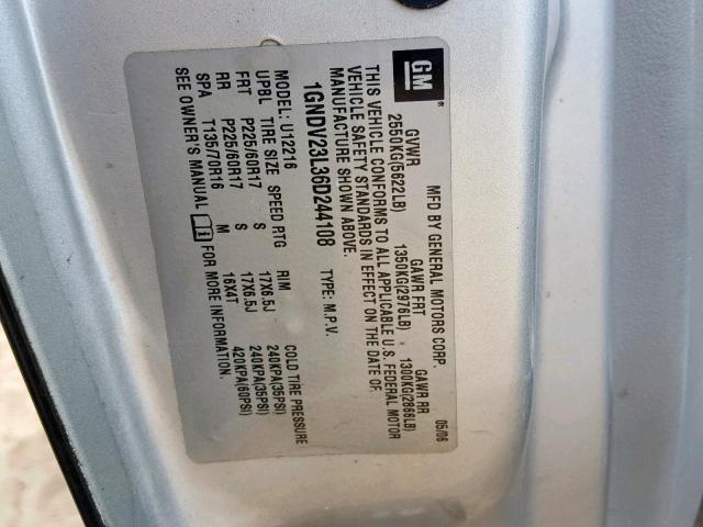 1GNDV23L36D244108 - 2006 CHEVROLET UPLANDER L SILVER photo 10