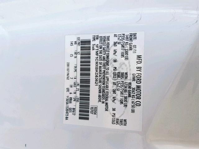 1FTMF1CMXBKD83621 - 2011 FORD F150 WHITE photo 10