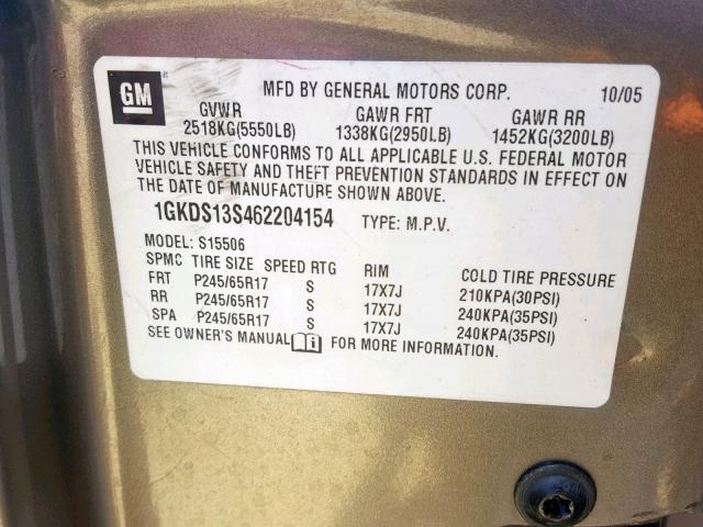 1GKDS13S462204154 - 2006 GMC ENVOY GRAY photo 10