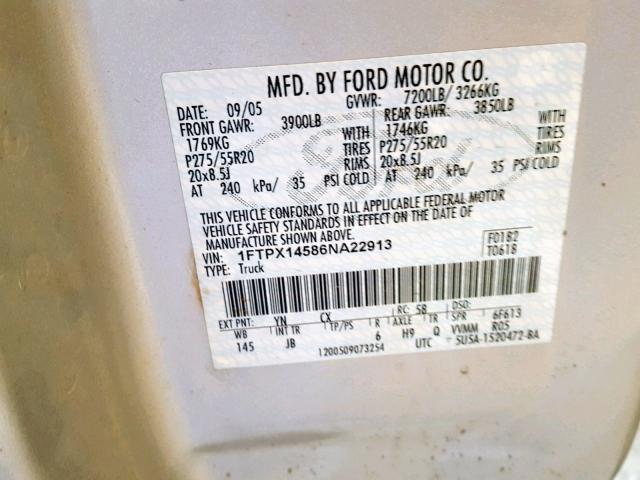 1FTPX14586NA22913 - 2006 FORD F150 SILVER photo 10