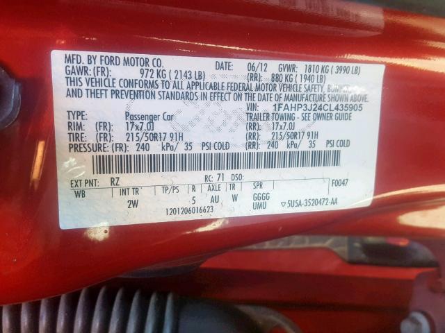 1FAHP3J24CL435905 - 2012 FORD FOCUS TITA RED photo 10