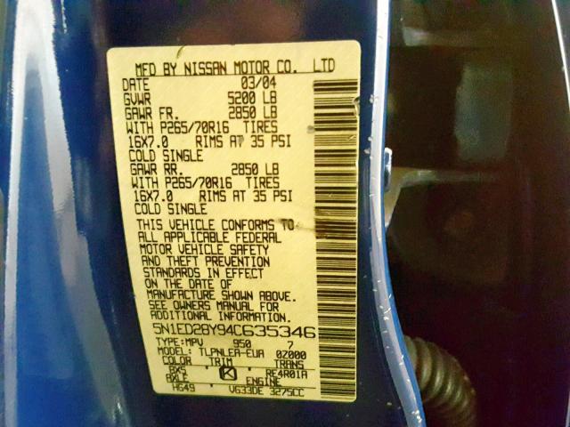 5N1ED28Y94C635346 - 2004 NISSAN XTERRA XE BLUE photo 10