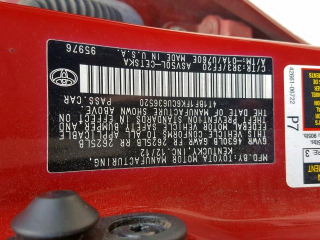 4T1BF1FK6CU636520 - 2012 TOYOTA CAMRY BASE RED photo 10