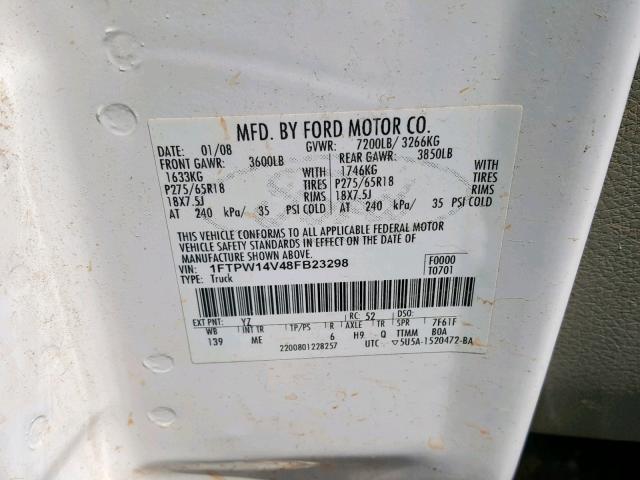 1FTPW14V48FB23298 - 2008 FORD F150 SUPER WHITE photo 10