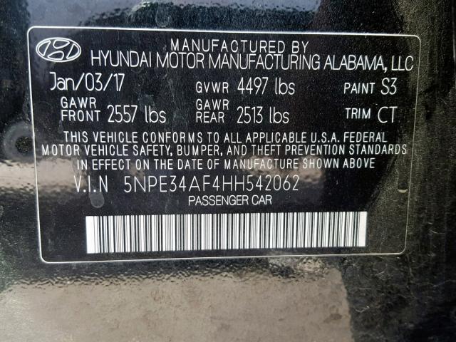 5NPE34AF4HH542062 - 2017 HYUNDAI SONATA SPO BLACK photo 10