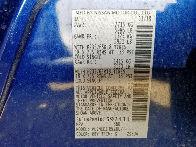 5N1DR2MM1KC592411 - 2019 NISSAN PATHFINDER BLUE photo 10