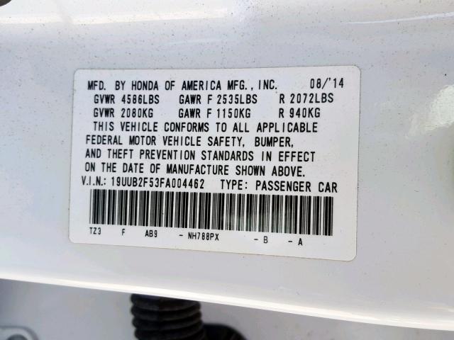 19UUB2F53FA004462 - 2015 ACURA TLX TECH WHITE photo 10