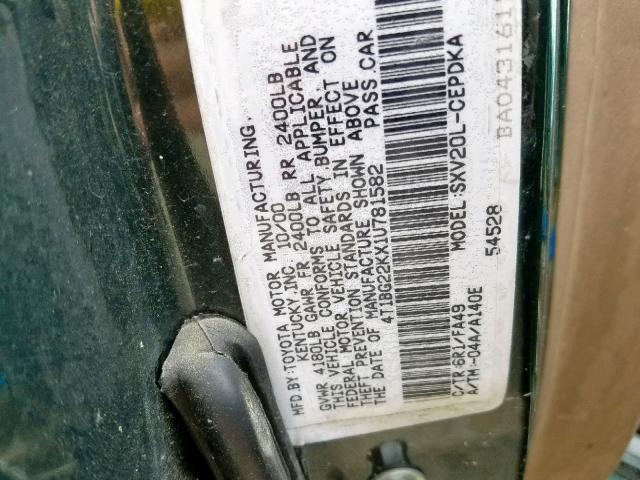 4T1BG22KX1U781582 - 2001 TOYOTA CAMRY CE GREEN photo 10