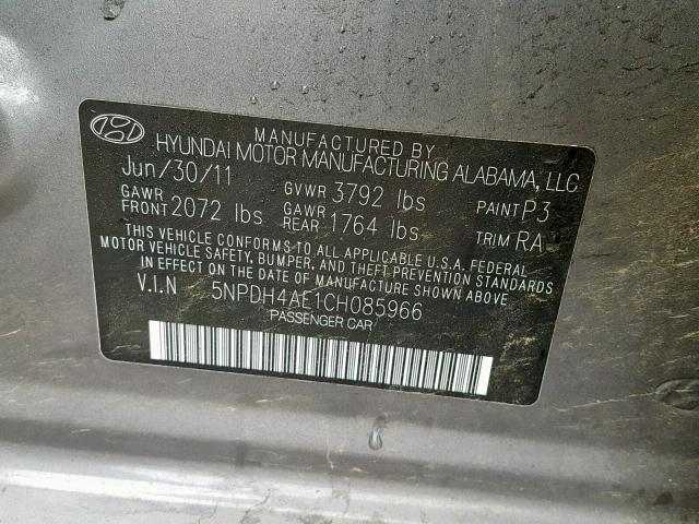 5NPDH4AE1CH085966 - 2012 HYUNDAI ELANTRA GRAY photo 10