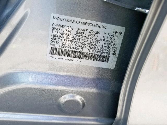 19UDE2F45JA009072 - 2018 ACURA ILX SPECIA GRAY photo 10