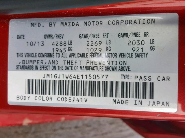 JM1GJ1W64E1150577 - 2014 MAZDA 6 GRAND TO RED photo 10