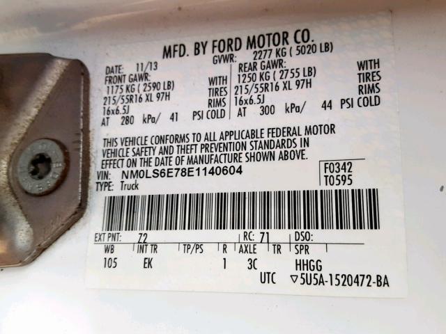 NM0LS6E78E1140604 - 2014 FORD TRANSIT CO WHITE photo 10