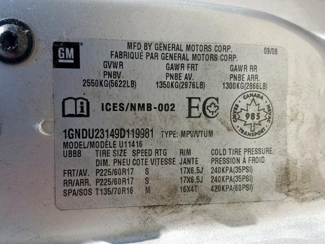 1GNDU23149D119981 - 2009 CHEVROLET UPLANDER L 银色 照片 10