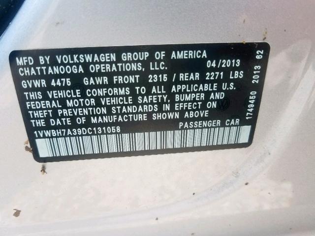 1VWBH7A39DC131058 - 2013 VOLKSWAGEN PASSAT SE GRAY photo 10