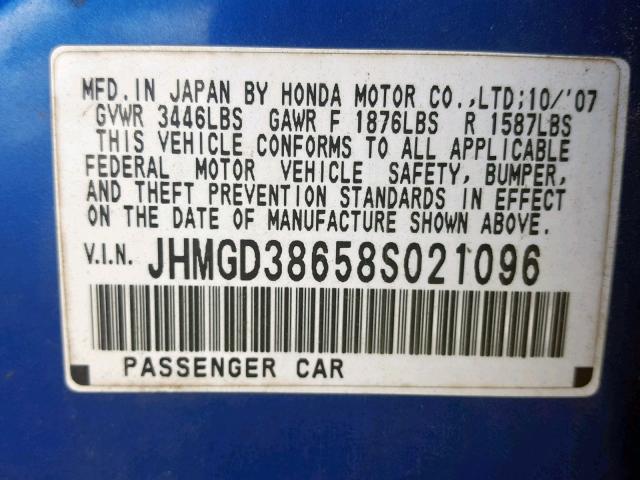 JHMGD38658S021096 - 2008 HONDA FIT SPORT BLUE photo 10