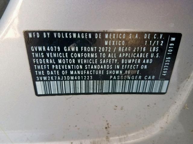 3VW2K7AJ3DM401223 - 2013 VOLKSWAGEN JETTA BASE SILVER photo 10
