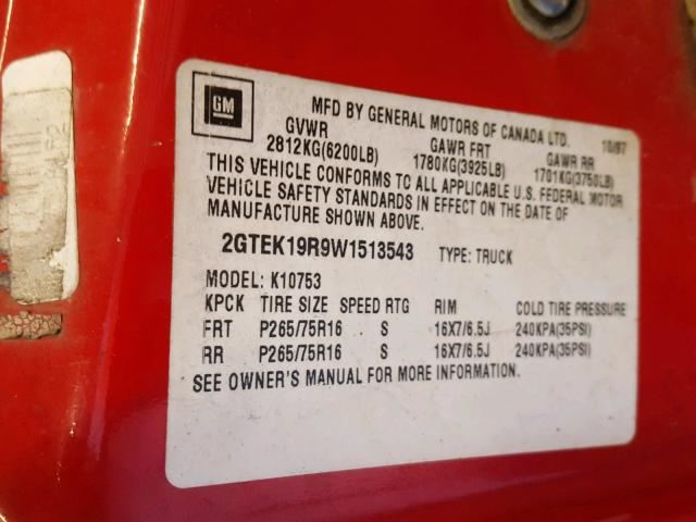 2GTEK19R9W1513543 - 1998 GMC SIERRA K15 RED photo 10