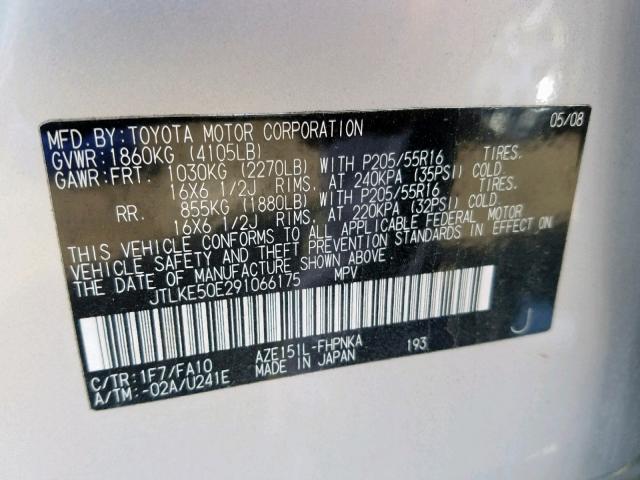 JTLKE50E291066175 - 2009 SCION XB SILVER photo 10