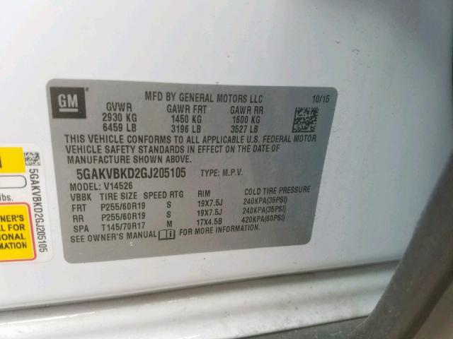 5GAKVBKD2GJ205105 - 2016 BUICK ENCLAVE WHITE photo 10