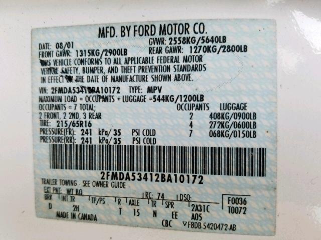 2FMDA53412BA10172 - 2002 FORD WINDSTAR S WHITE photo 10