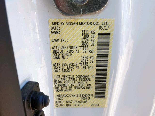 1N6AA1CJ7HN550075 - 2017 NISSAN TITAN S WHITE photo 10