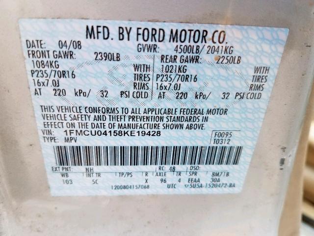 1FMCU04158KE19428 - 2008 FORD ESCAPE LIM BEIGE photo 10