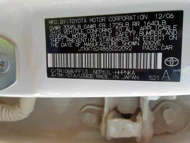 JTKKT624865022092 - 2006 TOYOTA SCION XA WHITE photo 10