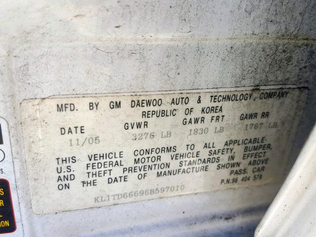 KL1TD66696B597010 - 2006 CHEVROLET AVEO BASE თეთრი ფოტო 10