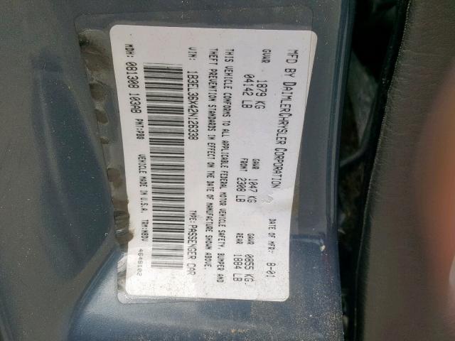 1B3EL36X42N126338 - 2002 DODGE STRATUS SE BLUE photo 10