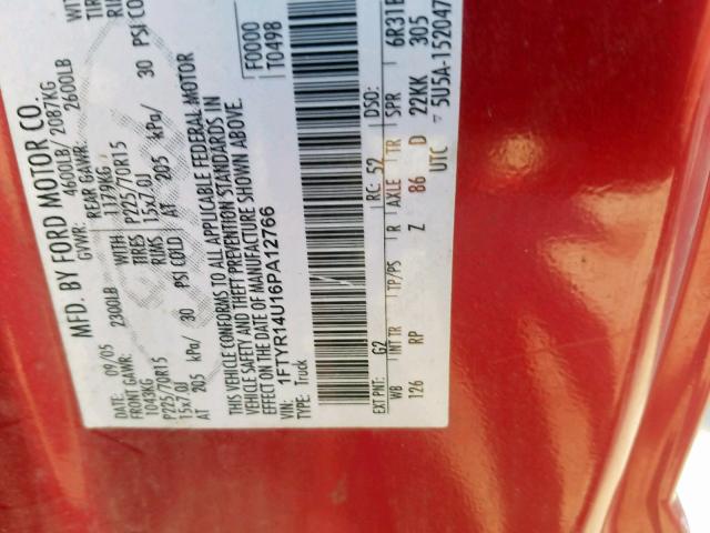 1FTYR14U16PA12766 - 2006 FORD RANGER SUP RED photo 10