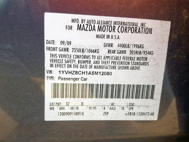 1YVHZ8CH1A5M12080 - 2010 MAZDA 6 I GRAY photo 10