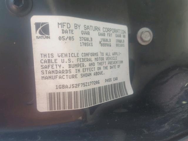 1G8AJ52F75Z177206 - 2005 SATURN ION LEVEL BLUE photo 10