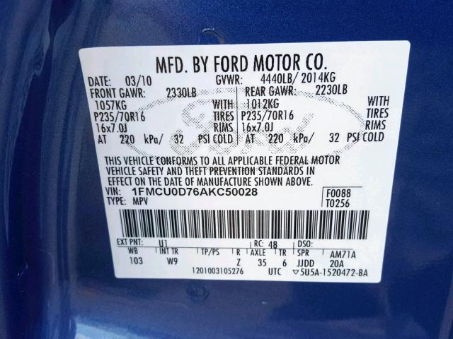 1FMCU0D76AKC50028 - 2010 FORD ESCAPE XLT BLUE photo 10