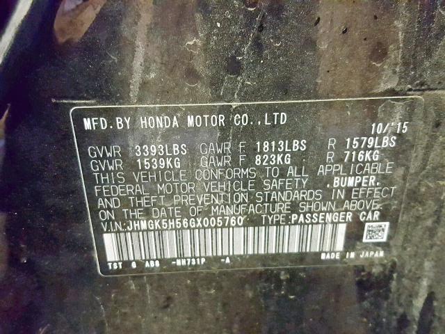 JHMGK5H56GX005760 - 2016 HONDA FIT LX BLACK photo 10