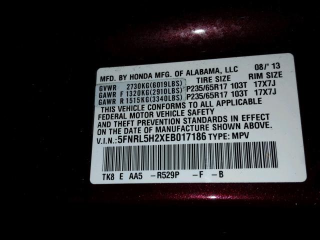 5FNRL5H2XEB017186 - 2014 HONDA ODYSSEY LX MAROON photo 10