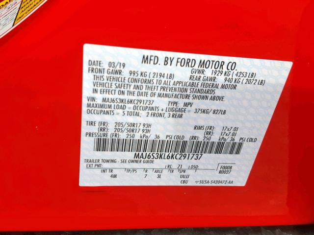 MAJ6S3KL6KC291737 - 2019 FORD ECOSPORT T RED photo 10