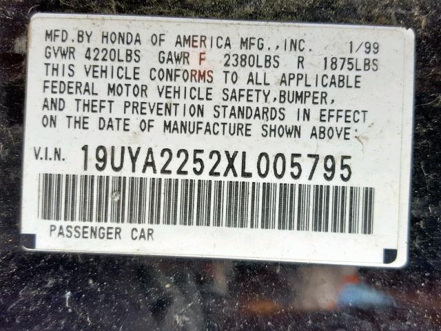 19UYA2252XL005795 - 1999 ACURA 3.0CL Czarny zdjęcie 10