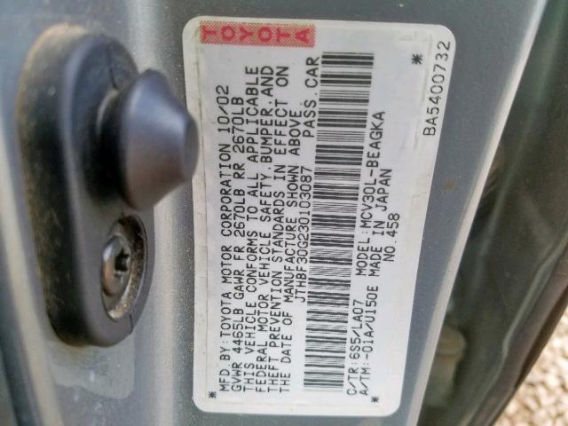 JTHBF30G230103087 - 2003 LEXUS ES 300 GRAY photo 10