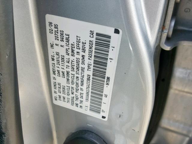 19UUA66276A033849 - 2006 ACURA 3.2TL SILVER photo 10