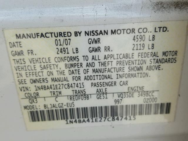 1N4BA41E27C847415 - 2007 NISSAN MAXIMA SE WHITE photo 10