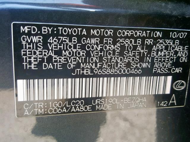 JTHBL96S885000466 - 2008 LEXUS GS 460 GRAY photo 10