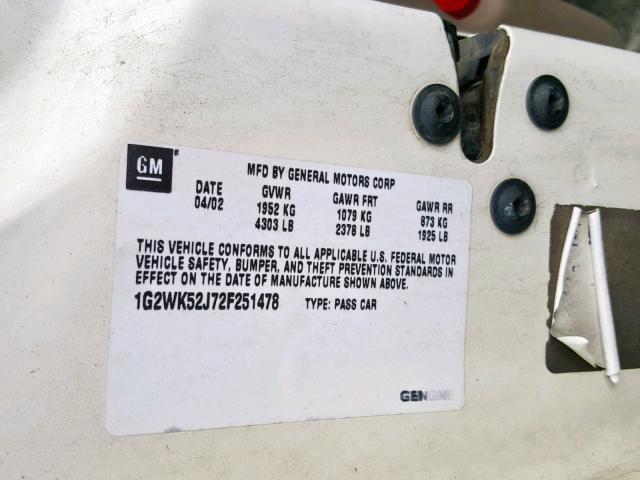 1G2WK52J72F251478 - 2002 PONTIAC GRAND PRIX WHITE photo 10
