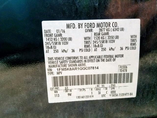 1FM5K8AR1GGC07814 - 2016 FORD EXPLORER P BLACK photo 10