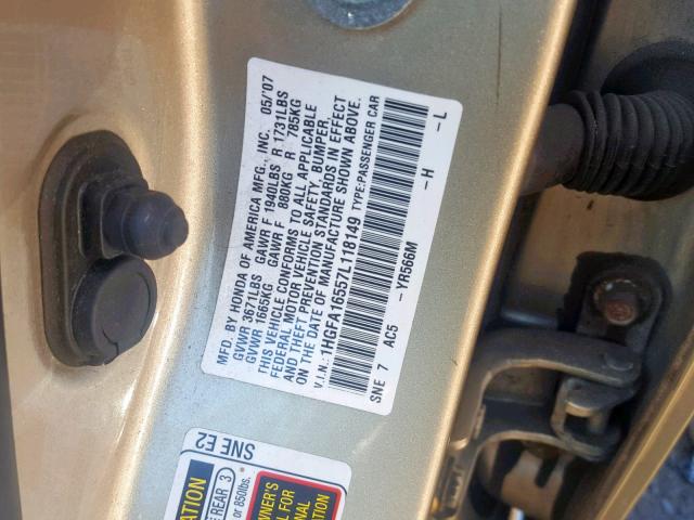 1HGFA16557L118149 - 2007 HONDA CIVIC LX GOLD photo 10