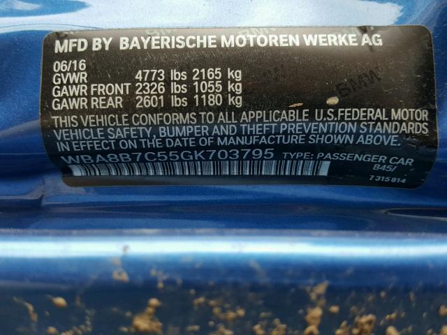 WBA8B7C55GK703795 - 2016 BMW 340 XI BLUE photo 10